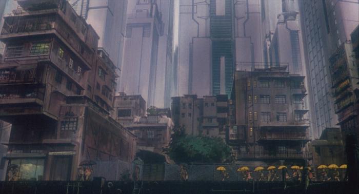 A rainy cityscape. A group of children with yellow umbrellas run across the scene from the right.